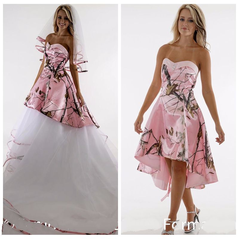 매력적인 핑크 카모 A 라인 웨딩 드레스 위장 흰색 얇은 명주 그물 분리형 기차 신부 가운 맞춤 레이스 업 백 2020 Vestidos